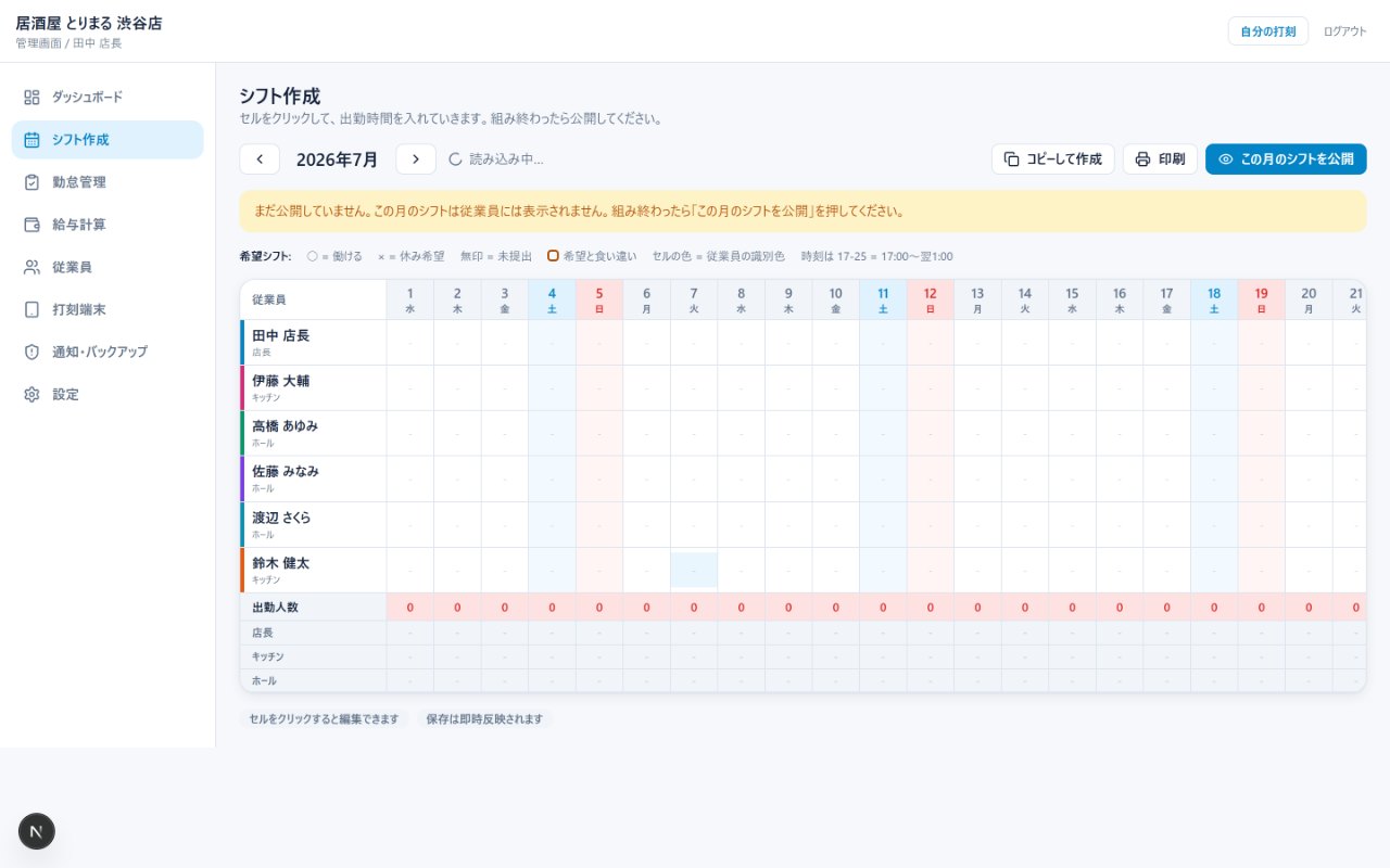 キンタイムのシフト作成画面